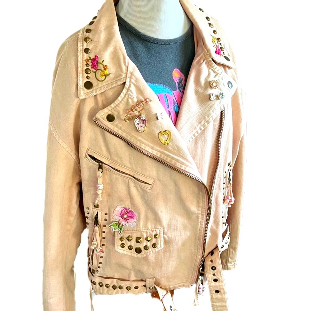 Women Reworked blush denim Custom Free People Motto jacket gold brass tone studs